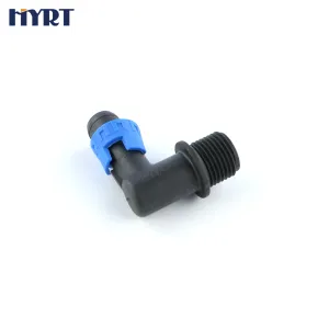 Conector de cotovelo com anel de travamento e rosca macho para fita gotejadora em sistema de irrigação agrícola, conexão plástica 16x1/2