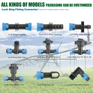 Conector de cotovelo com anel de travamento e rosca macho para fita gotejadora em sistema de irrigação agrícola, conexão plástica 16x1/2