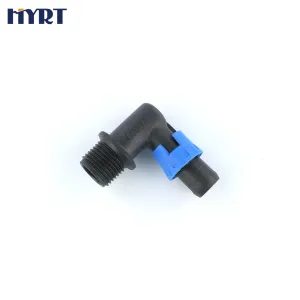 Conector de cotovelo com anel de travamento e rosca macho para fita gotejadora em sistema de irrigação agrícola, conexão plástica 16x1/2