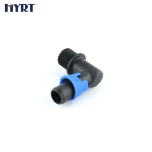 Conector de cotovelo com anel de travamento e rosca macho para fita gotejadora em sistema de irrigação agrícola, conexão plástica 16x1/2
